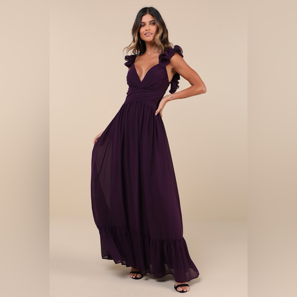 Lulus Soiree Celebration Maxi Dress Women's XS Purple Ruffled Lace Up